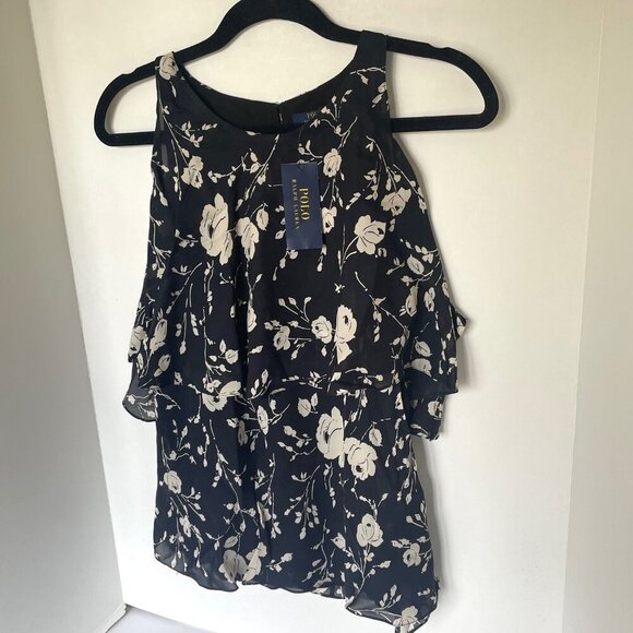 Polo Ralph Lauren Silk Georgette Top Cold-Shoulder Womens 10 Black Floral Ruffle - Picture 5 of 9